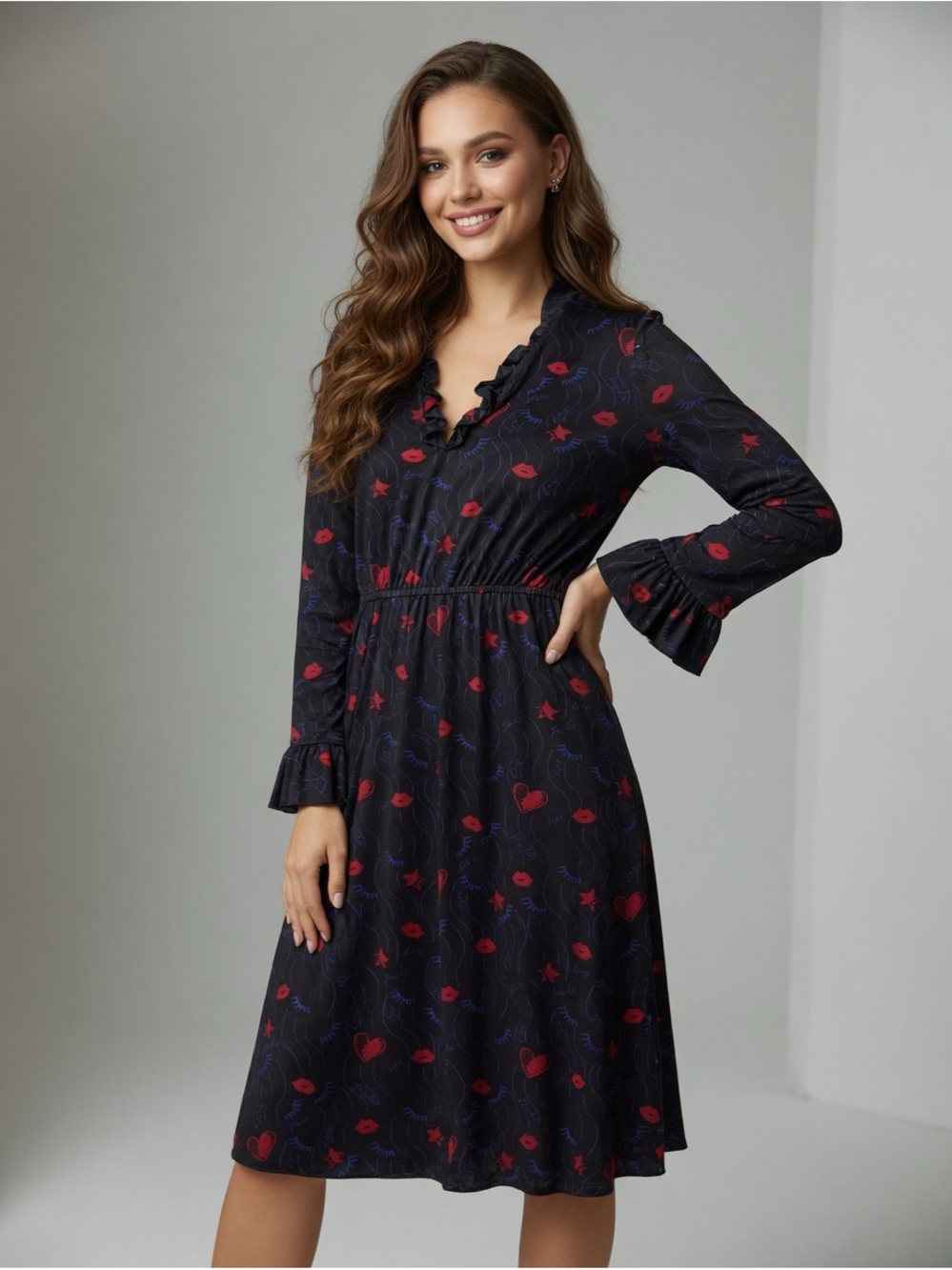 Pinko Black Long-Sleeve V-Neck Dress with Red Lip Print Size 4